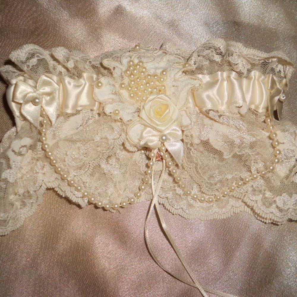 ***SOLD** Wedding Fancy Lace Garter with 'lucky penny'  insert by Margot